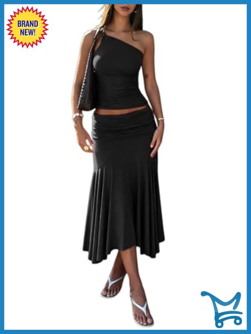 Womens Two Piece Midi Skirt Set One Shoulder Crop Top Dressy Summer